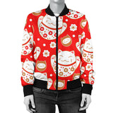 Cute Maneki Neko Lucky Cat Red Background Women'S Bomber Jacket