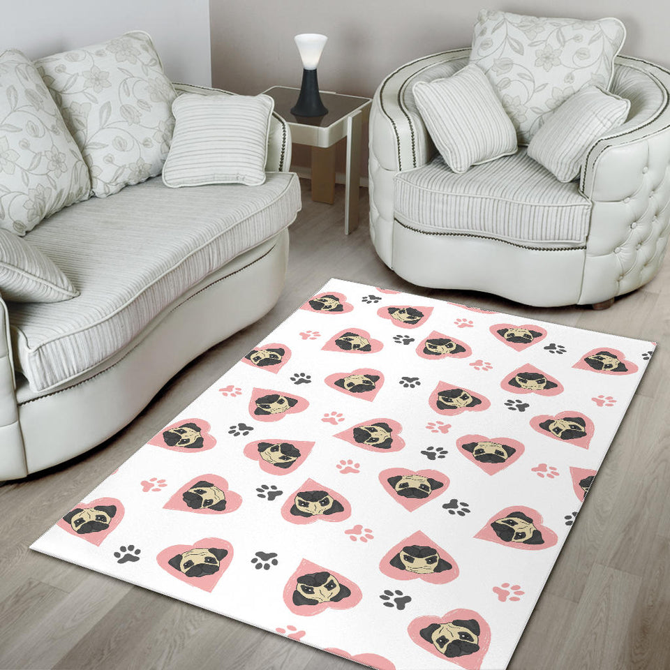 Cute Pugs Pink Heart Paw Pattern Area Rug