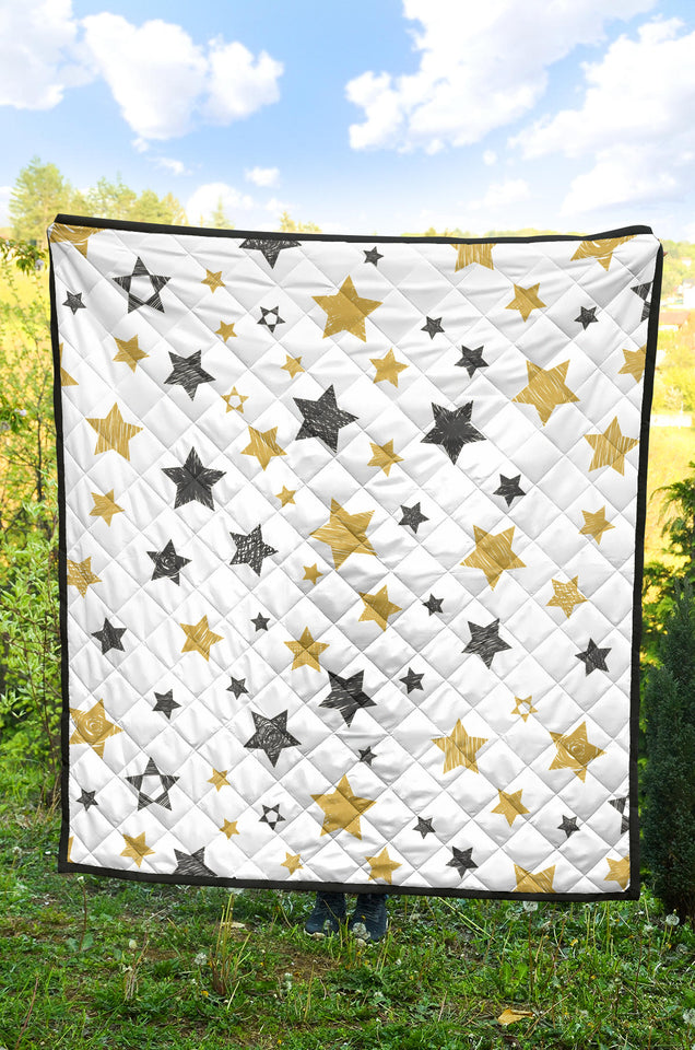 Hand Drawn Gold Black Star Pattern Premium Quilt.