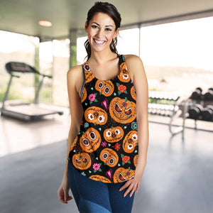 Pumpkin flowers spiderweb Halloween theme Women Racerback Tank Top