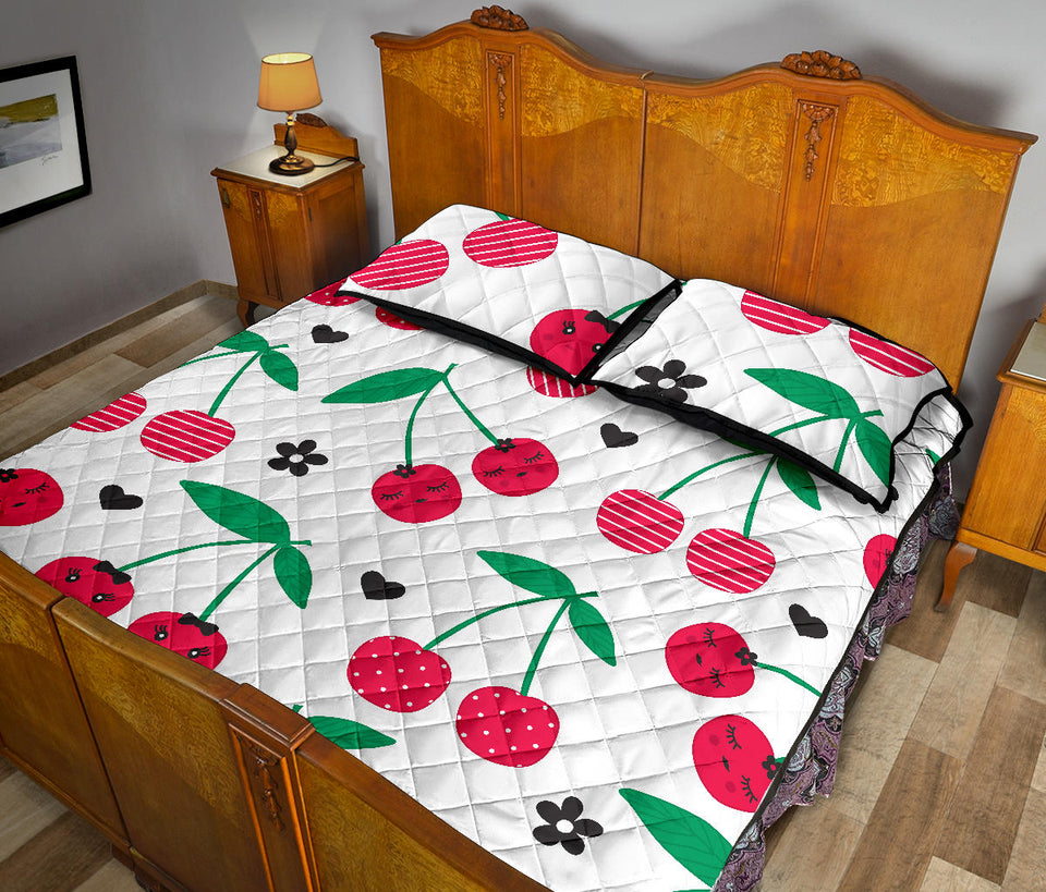 cherry pattern white background Quilt Bed Set