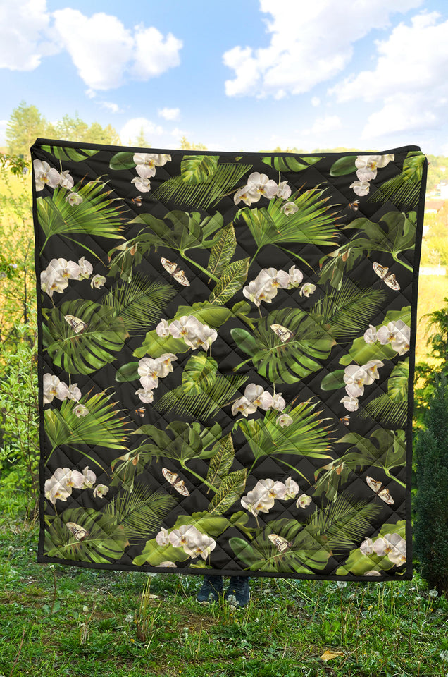 White Orchid Flower Tropical Leaves Pattern Blackground Premium Quilt