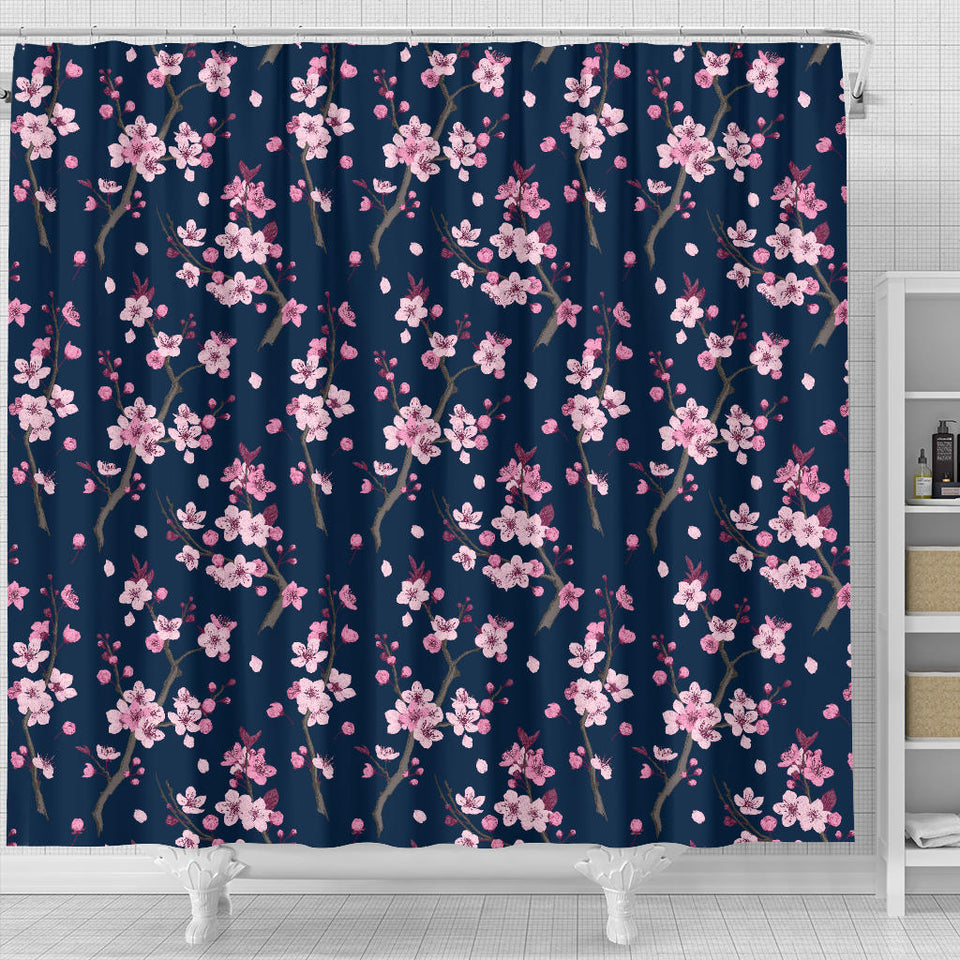 Pink Sakura Cherry Blossom Blue Background Shower Curtain Fulfilled In US