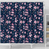 Pink Sakura Cherry Blossom Blue Background Shower Curtain Fulfilled In US