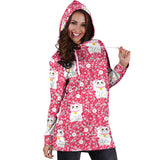 Maneki Neko Lucky Cat Sakura Pink Background Women'S Hoodie Dress
