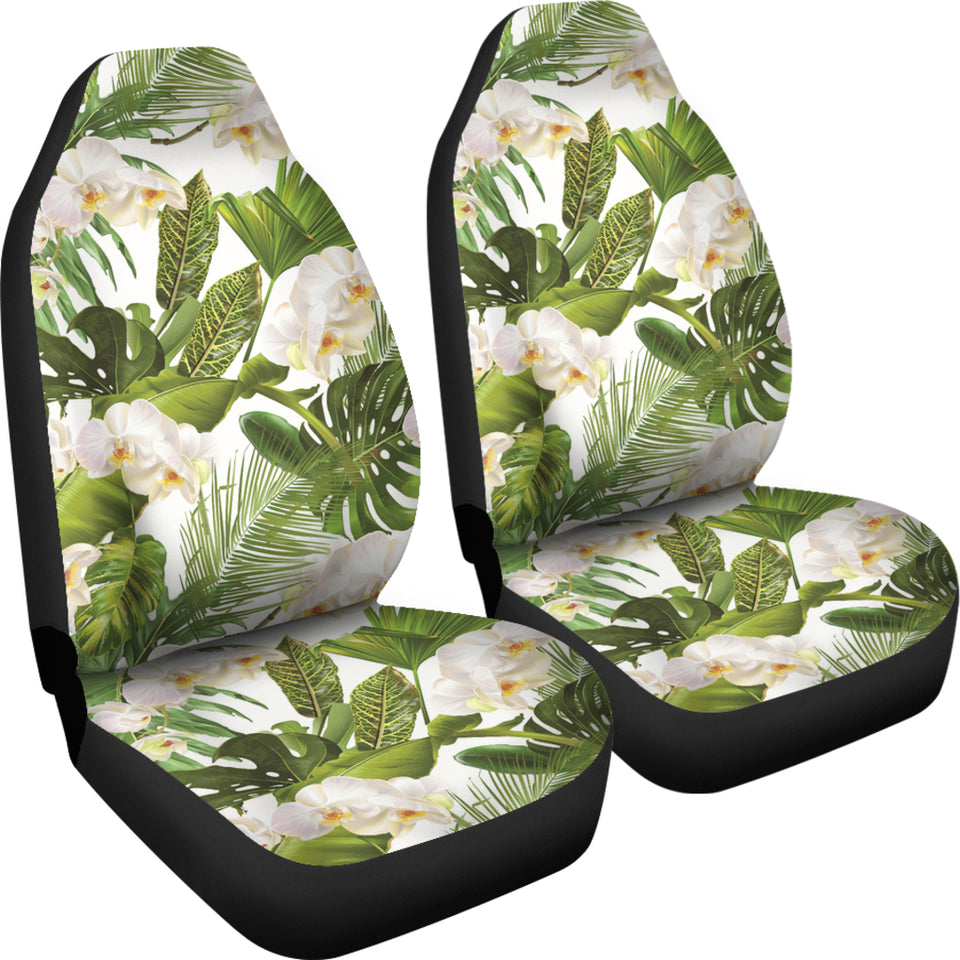 White Orchid Flower Tropical Leaves Pattern Universal Fit Car Seat Covers