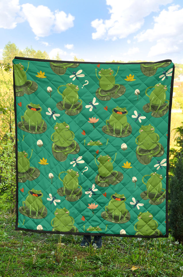 Cute Frog Dragonfly Design Pattern Premium Quilt