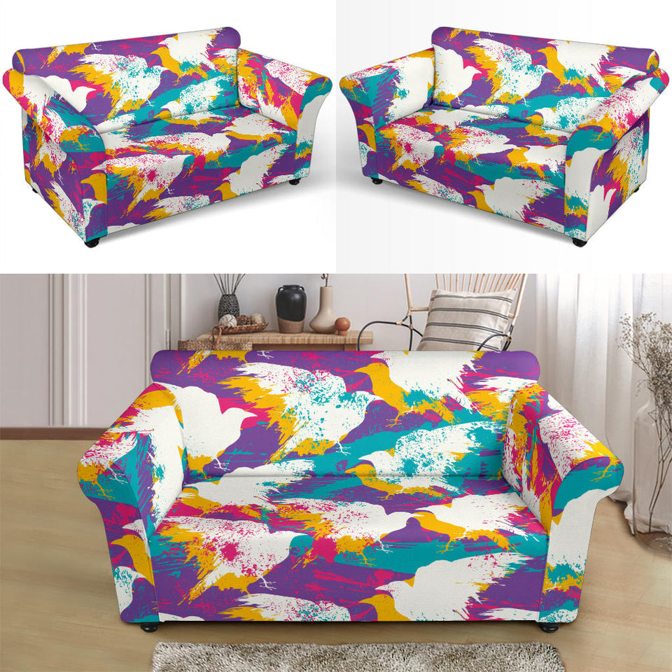 Colorful Crow Illustration Pattern Loveseat Couch Slipcover