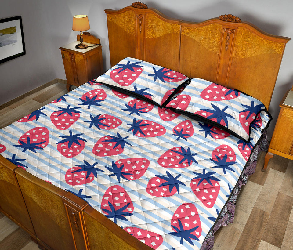 Strawberry pattern blue lines background Quilt Bed Set