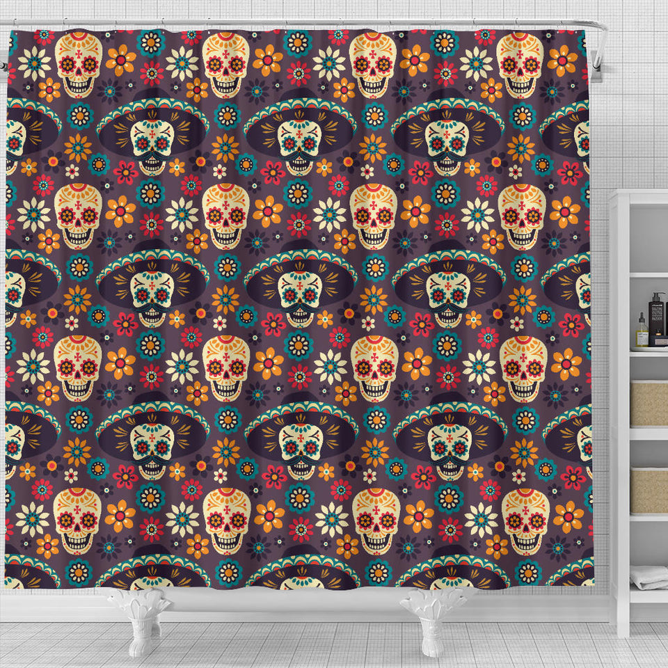 Sugar Skulls Flower Maxican Pattern Shower Curtain Fulfilled In US