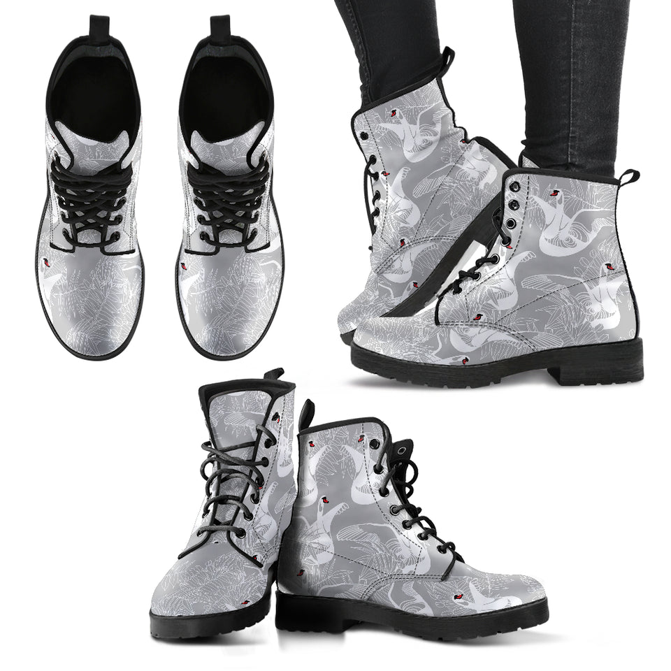 White Swan Gray Background Leather Boots
