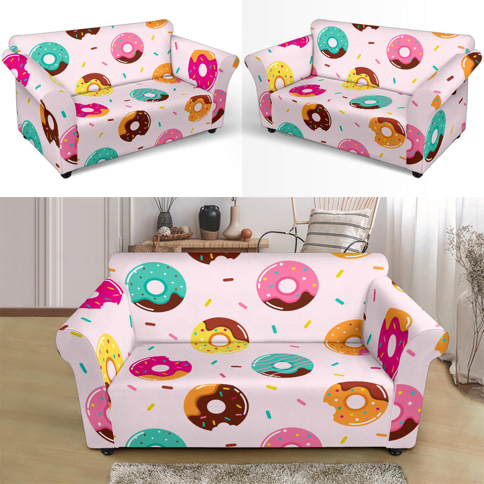 Donut Pattern Glaze Pink Background Loveseat Couch Slipcover