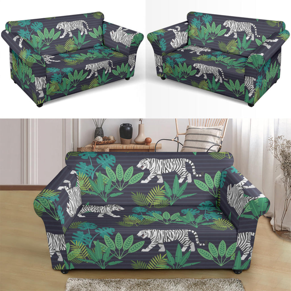 White Bengal Tigers Tropical Plant Loveseat Couch Slipcover