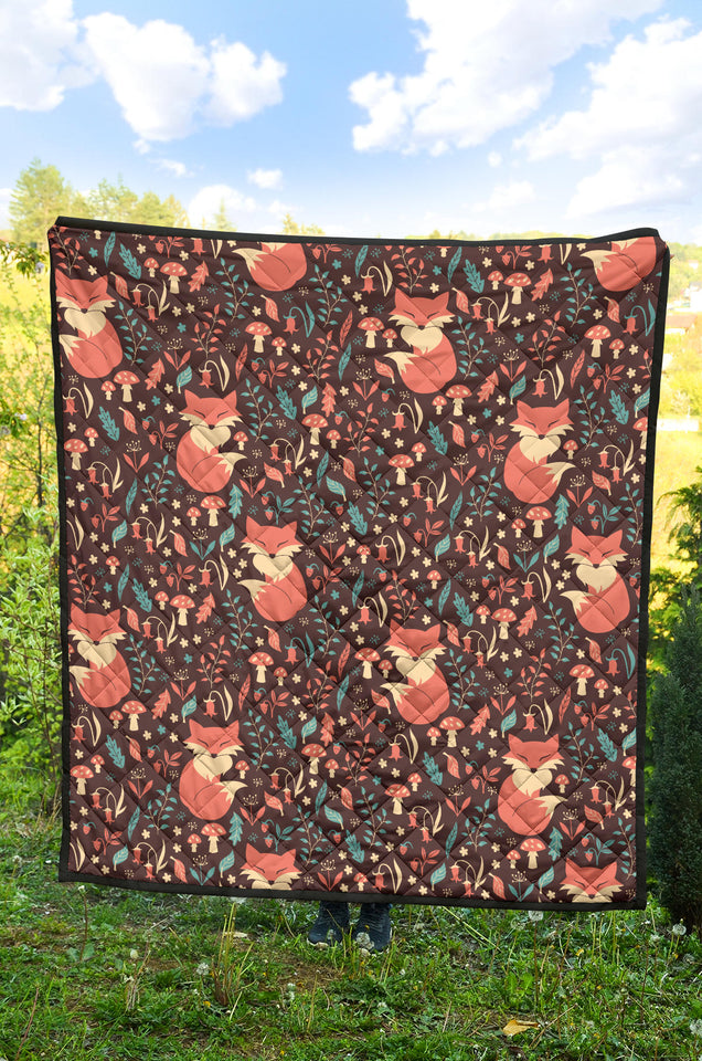 Fox Leaves Mushroom Pattern Premium Quilt
