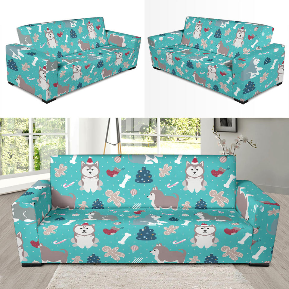 Christmas Cute Siberian Husky Puppie Pattern Sofa Slipcover