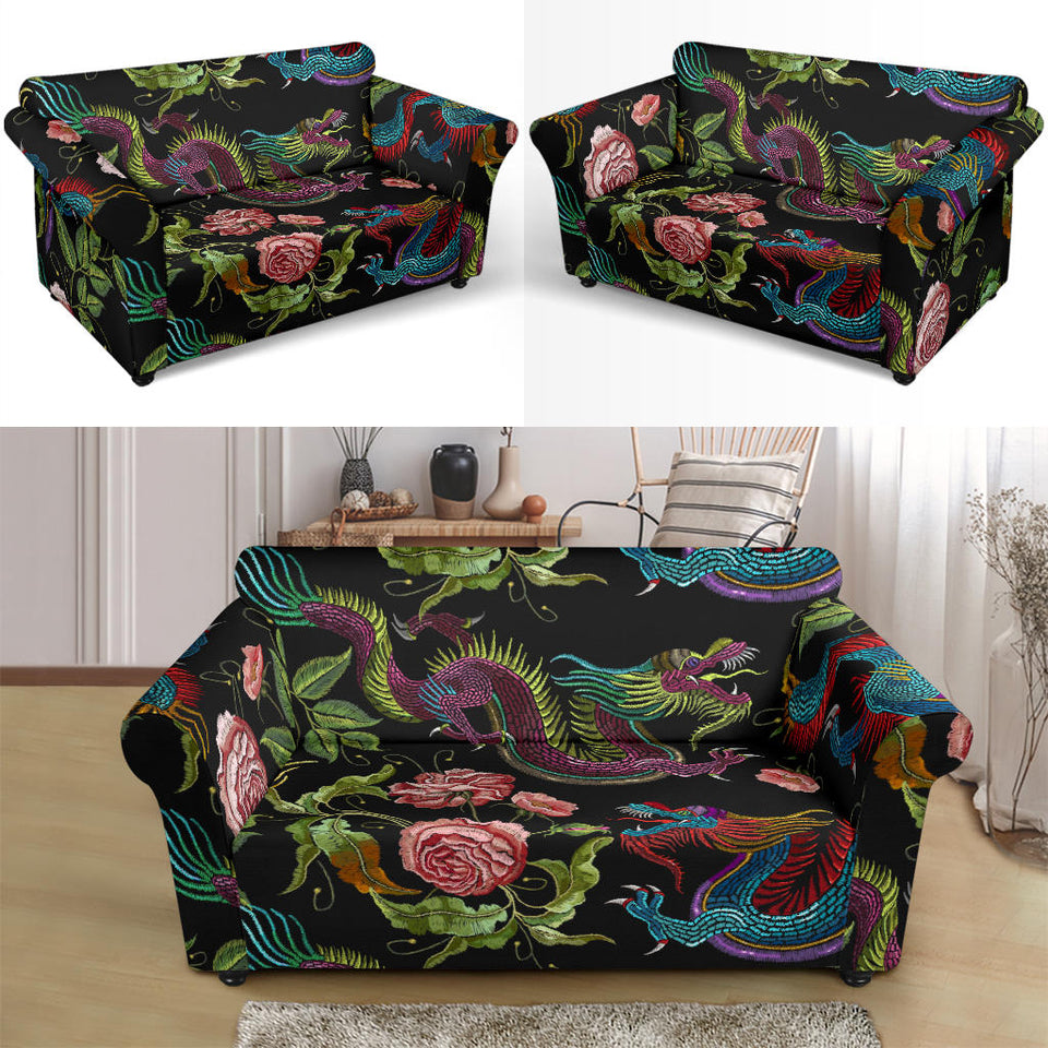 Dragons Flower Pattern Loveseat Couch Slipcover