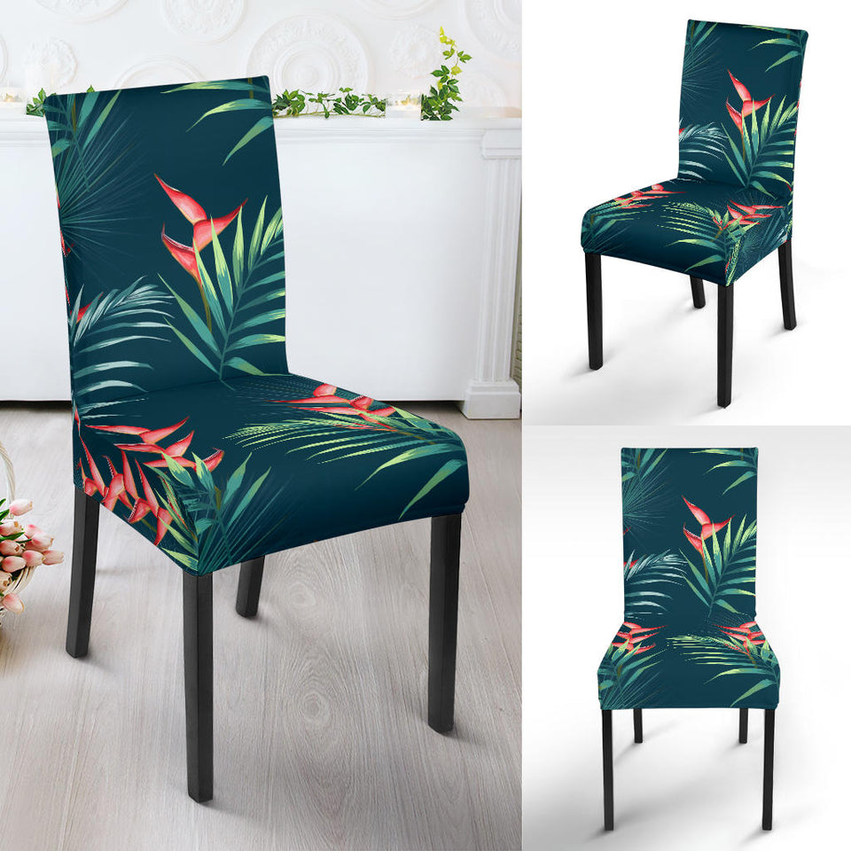 Heliconia Flowers, Palm And Monstera Leaves On Black Background Pattern Dining Chair Slipcover