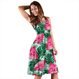 Watermelons Tropical Palm Leaves Pattern Sleeveless Midi Dress
