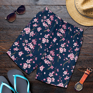 Pink Sakura Cherry Blossom Blue Background Men Shorts