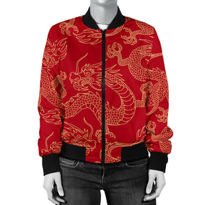 Gold Dragons Red Background Women'S Bomber Jacket
