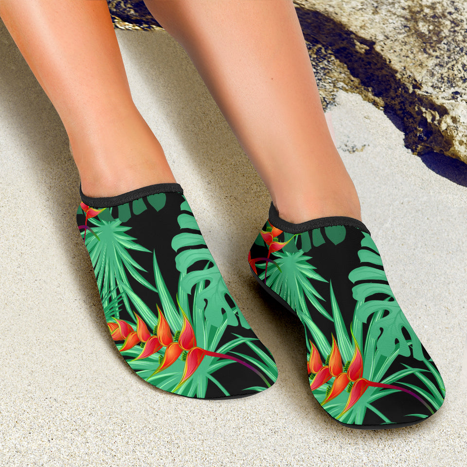 Heliconia Flower Palm Monstera Leaves Black Background Aqua Shoes