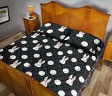 Cute white rabbit polka dots black background Quilt Bed Set