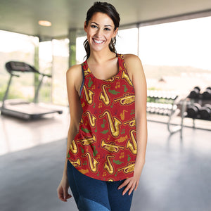 Saxophone cornet pattern red background Women Racerback Tank Top