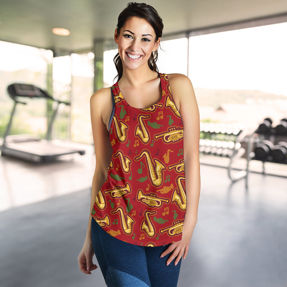 Saxophone cornet pattern red background Women Racerback Tank Top