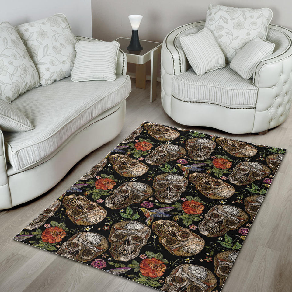 Skull Rose Humming Bird Flower Pattern Area Rug
