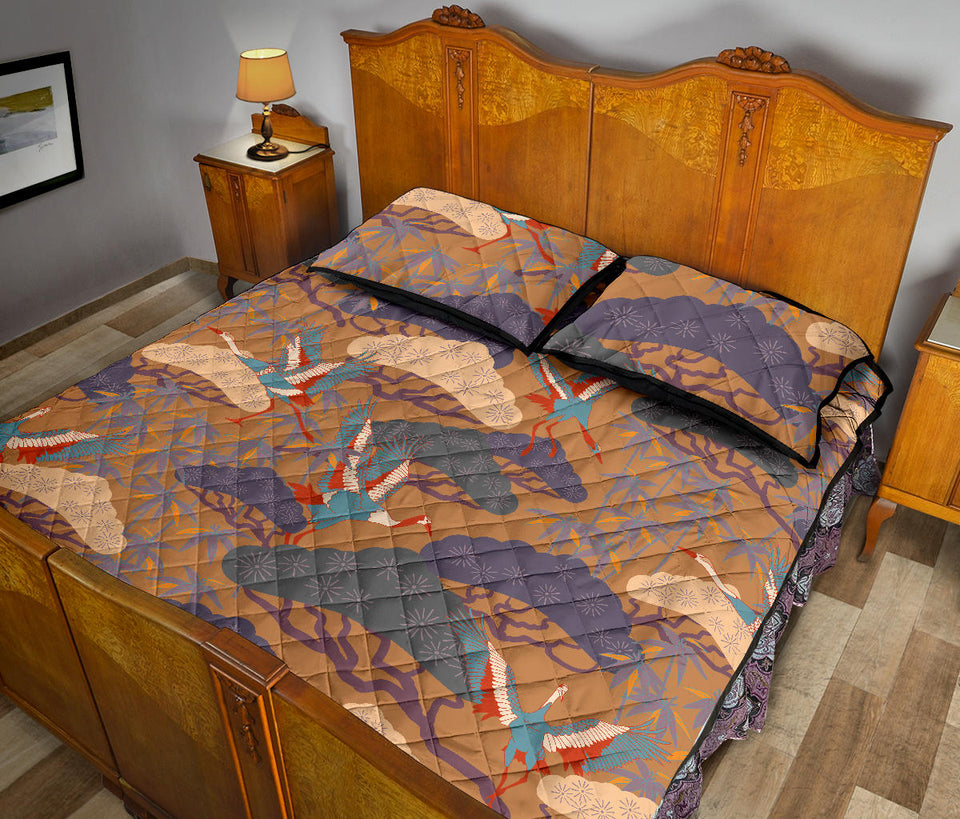 Bonsai bamboo stork japanese pattern brown theme Quilt Bed Set