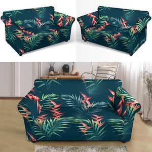 Heliconia Flowers, Palm And Monstera Leaves On Black Background Pattern Loveseat Couch Slipcover