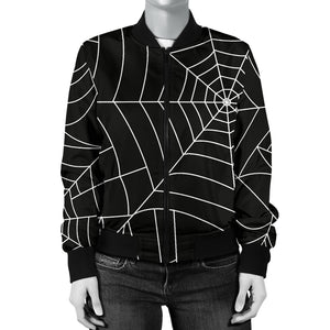 Spider Web Pattern Black Background White Cobweb Women'S Bomber Jacket