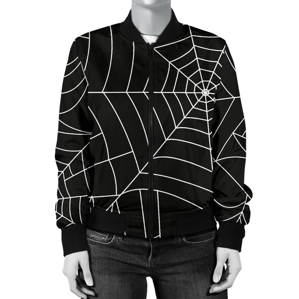 Spider Web Pattern Black Background White Cobweb Women'S Bomber Jacket