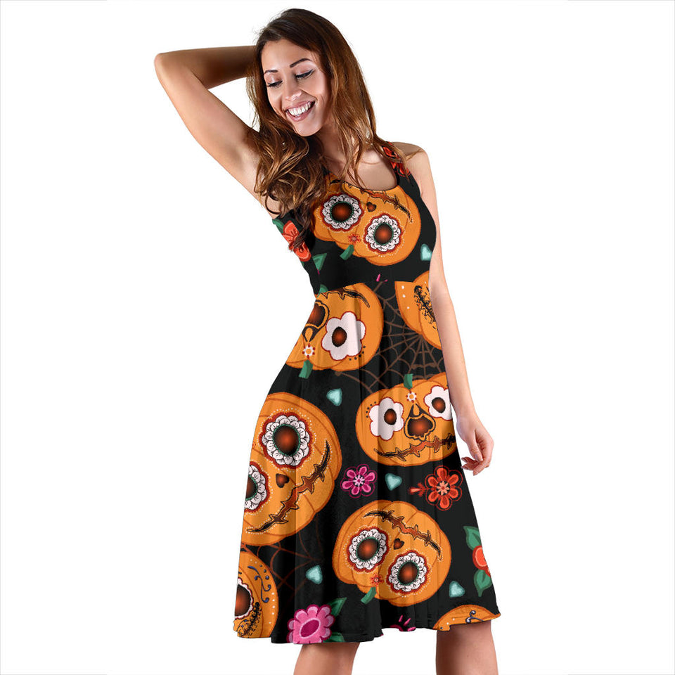 Pumpkin Flowers Spiderweb Halloween Theme Sleeveless Midi Dress