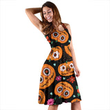 Pumpkin Flowers Spiderweb Halloween Theme Sleeveless Midi Dress