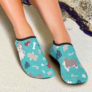 Christmas Cute Siberian Husky Puppie Pattern Aqua Shoes