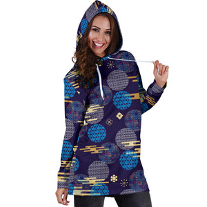 Blue Japanese Pattern Cloud Wave Flower Women'S Hoodie Dress