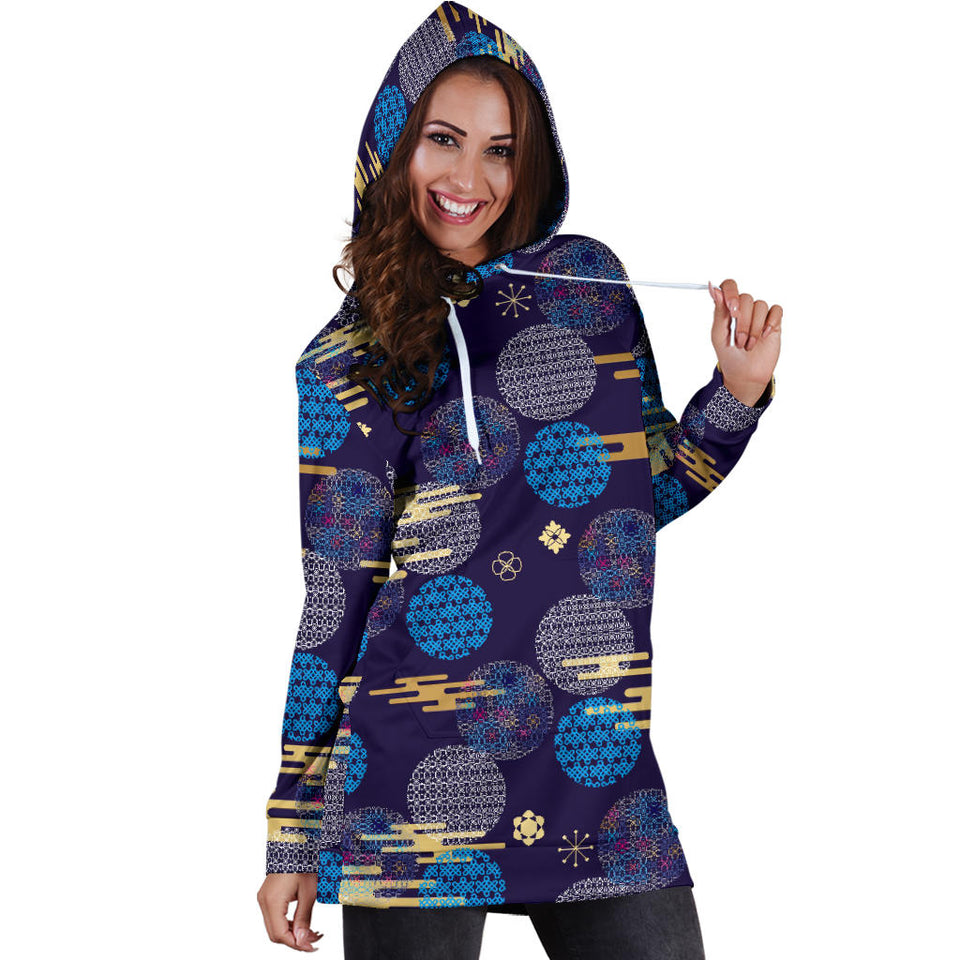 Blue Japanese Pattern Cloud Wave Flower Women'S Hoodie Dress