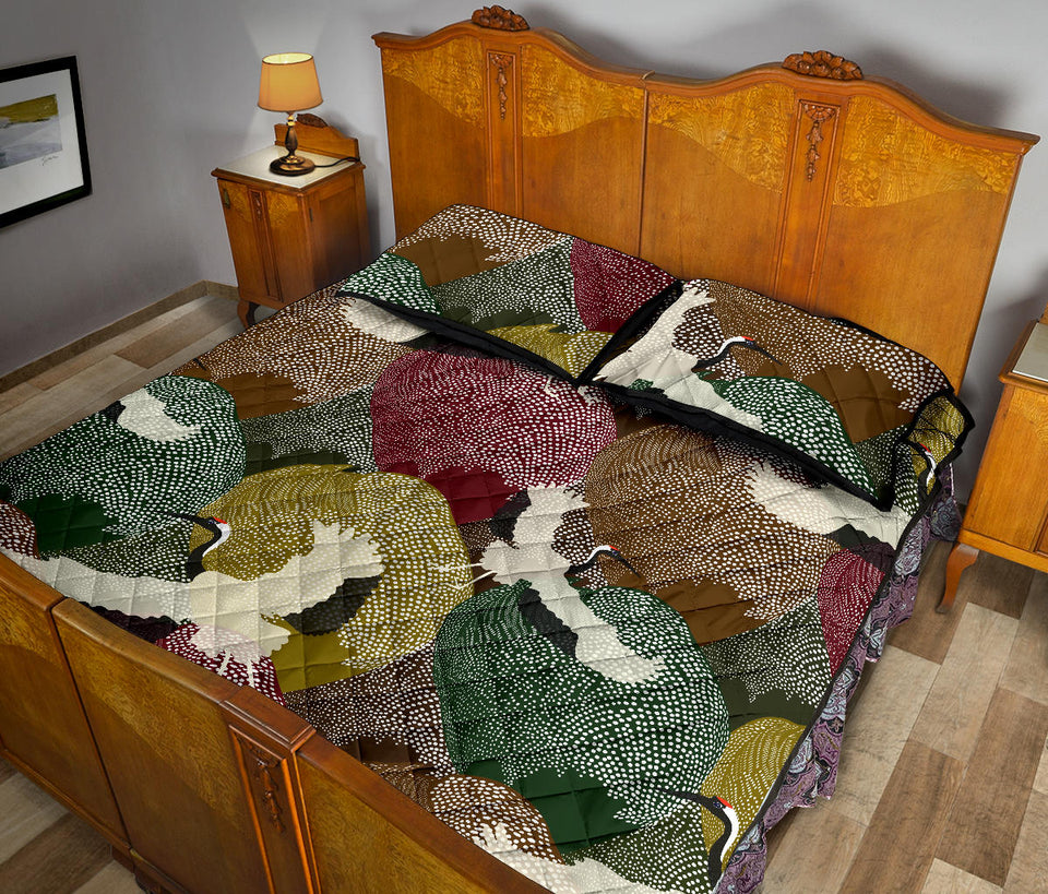 Japanese cranes flying forest dot pattern Quilt Bed Set