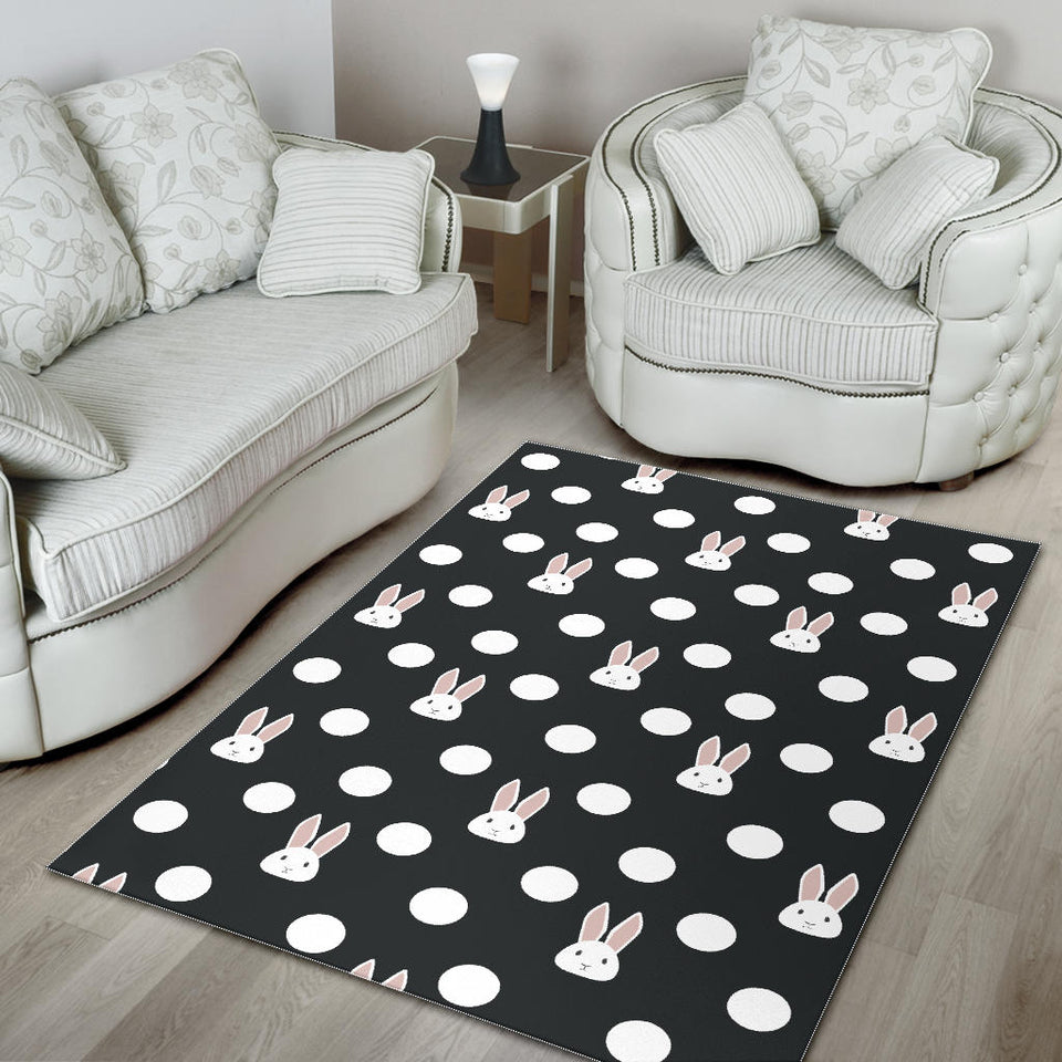 Cute White Rabbit Polka Dots Black Background Area Rug