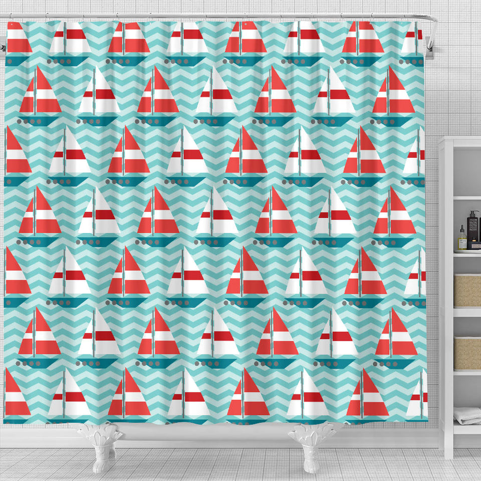 Red White Sailboat Wave Background Shower Curtain Fulfilled In US