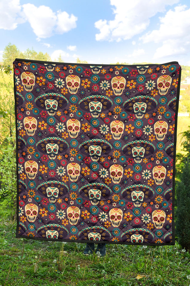 Sugar Skulls Flower Maxican Pattern Premium Quilt