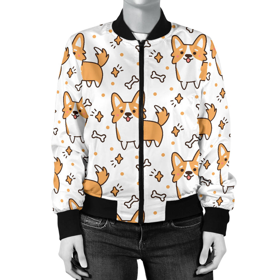 Cute Corgi Heart Star Bone Pattern Women'S Bomber Jacket
