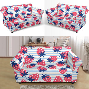 Strawberry Pattern Blue Lines Background Loveseat Couch Slipcover