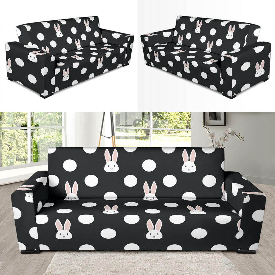Cute White Rabbit Polka Dots Black Background Sofa Slipcover