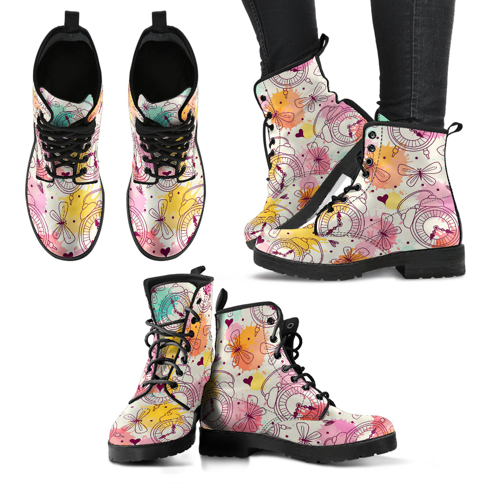 Clock Butterfly Pattern Leather Boots