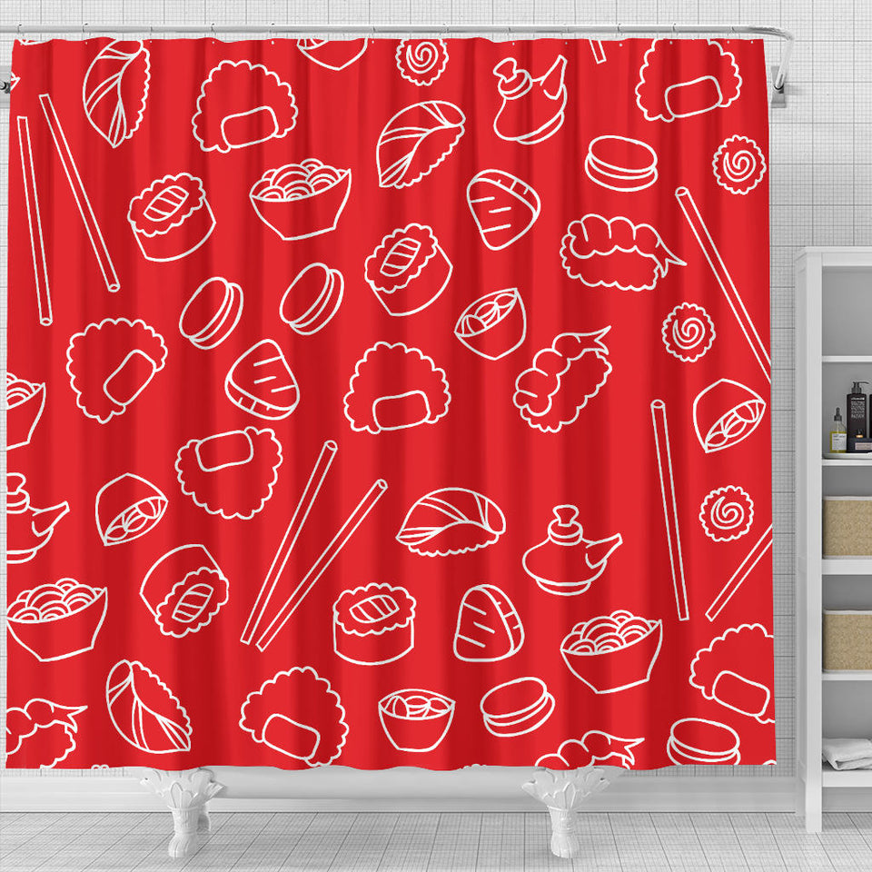 Sushi Pattern Red Background Shower Curtain Fulfilled In US
