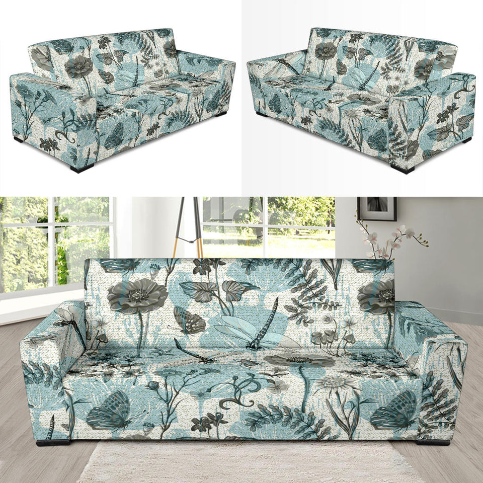 Dragonfly Butterfly Plants Insect Flower Vintage Style Pattern Sofa Slipcover