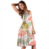 Pink Flamingo Birds Pineapples Hibiscus Flower Pattern Sleeveless Midi Dress