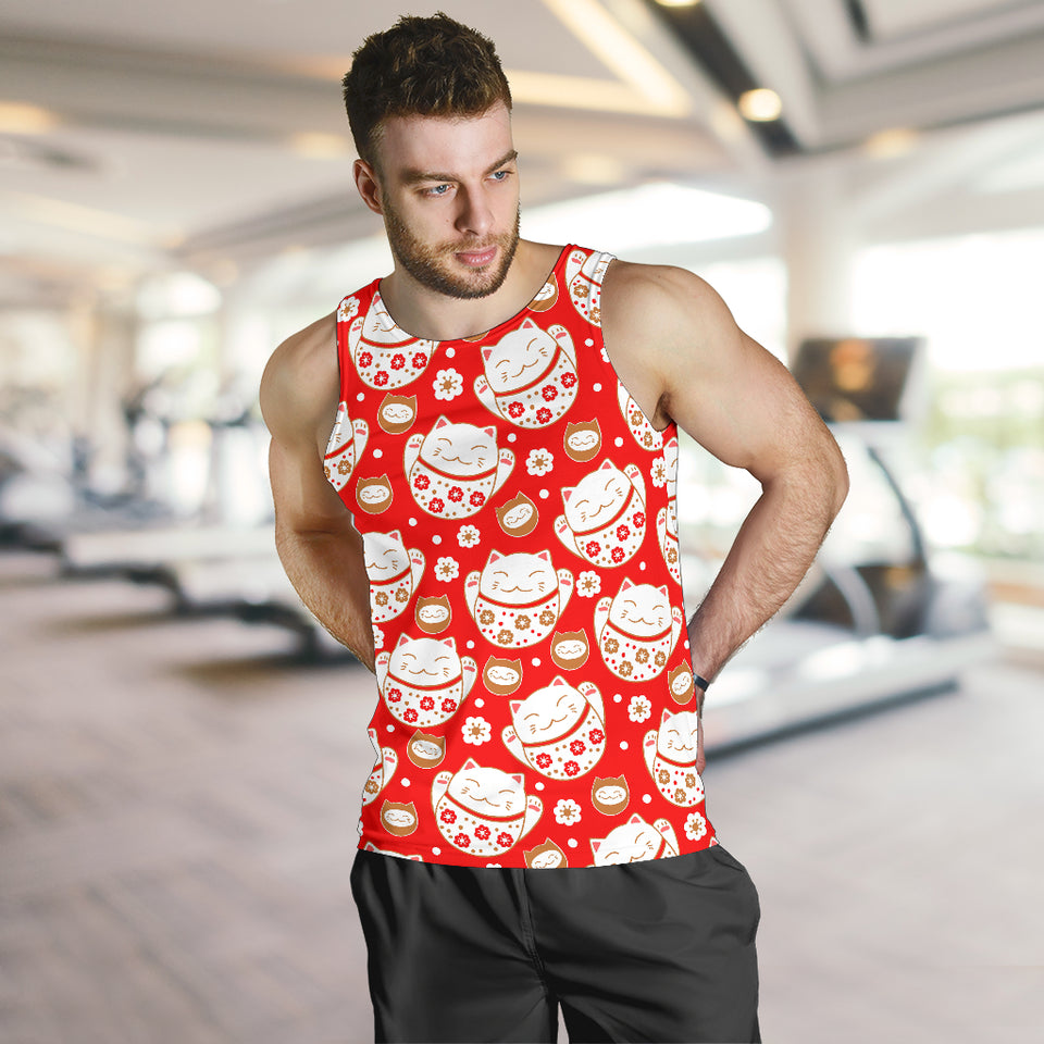 Cute Maneki Neko Lucky Cat red background Men Tank Top